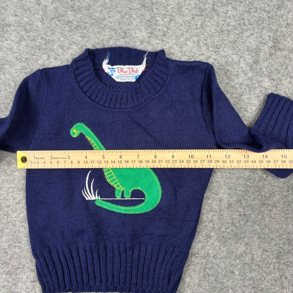 Blue Bird Dinosaur Sweater Kids Navy Blue Vintage 70s 80s Brontosaurus Knit - Picture 8 of 10